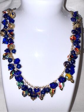 Vintage & Blue Glass and Lapis, Millefiori Beads Necklace